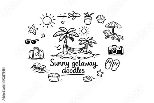 Sunny Getaway Doodles. Sunny getaway doodles. Hand-drawn doodle illustration of Sunny getaway doodles. In the