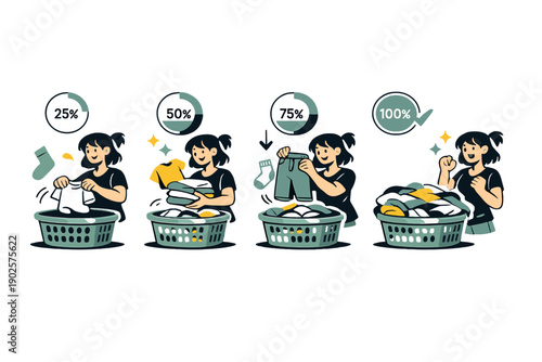 Everyday routine made easy. Laundry basket filling gradually with clothes, simple progress indicators floating