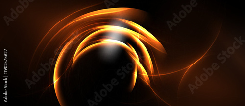 Abstract orange swirls, dynamic light effects, dark background. Minimalist design creates modern visual impact. Energy radiates outward.