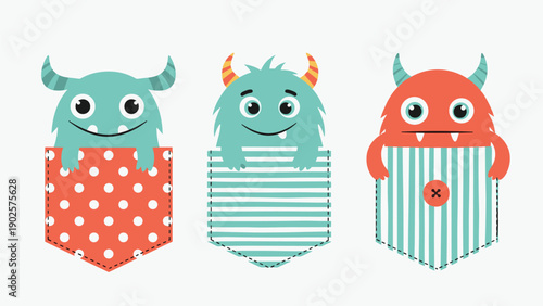 Three friendly little monsters with horns and smiling faces peeking out from colorful patterned shirt pockets.