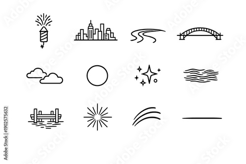 City fireworks night. Line outline icon set of City fireworks night: fireworks shell, skyline buildings, river