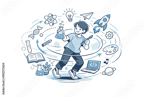 Hands-On Exploration. A learner mixing science, art, and technology symbols, ideas floating in orbit. Active