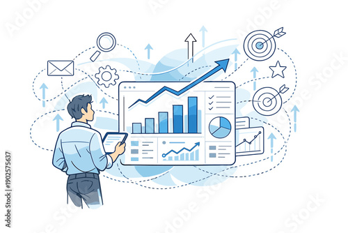 Analytics and growth concept. A specialist observing rising charts and data streams flowing upward around a
