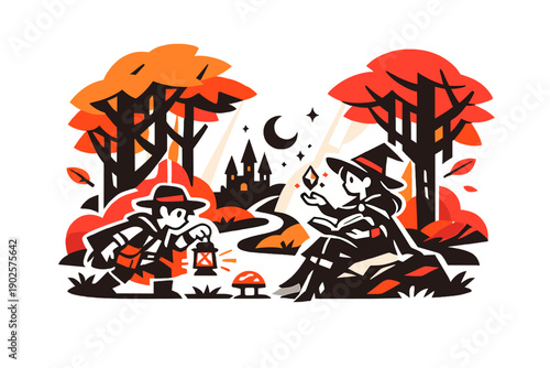 Enchanted autumn forest. Tall trees glowing with amber and crimson leaves, soft light beams cutting through