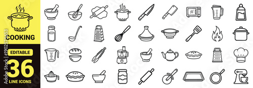 Kitchen utensils and cooking tools icon set with mortar and pestle, rolling pin, cooking pot, knives, blender, microwave, grater, whisk, spatula, frying pan, stand mixer, pie symbols