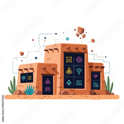 A traditional adobe building is updated with smart windows displaying glowing tech icons, representing the fusion of historic architecture with modern smart technology.