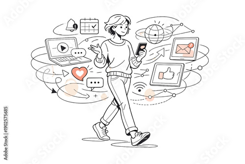 Future Tech Lifestyle. A figure surrounded by devices, notifications, and abstract networks gently glowing.