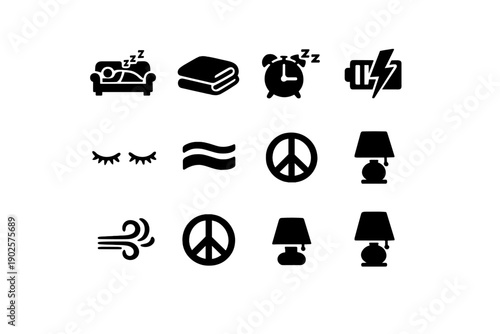 Power naps and rest. Filled icon set of Power naps and rest: couch napper, blanket, sleep timer, lightning