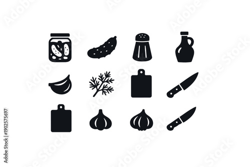 Making pickles. Filled icon set of Making pickles: glass jar, cucumber, salt shaker, vinegar bottle, garlic