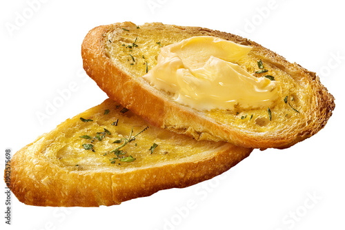 Fotografía Duas fatias de pão baguete torradas com manteiga derretida e ervas isoladas no f