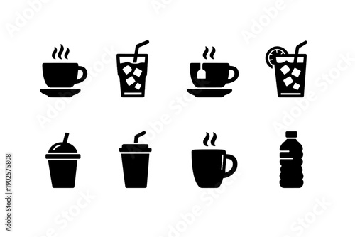 Beverage Icons Set. Hot and Cold Drinks. Filled icon set of Hot and Cold Drinks: hot coffee cup, iced coffee