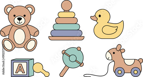 Cute Baby Toy Collection Including Teddy Bear Stacking Rings Duck and Pull Along Horse Isolated on White Background Vector Illustration