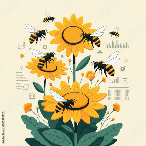 A group of bees diligently pollinates sunflowers, with data graphs in the background, symbolizing swarm intelligence, network efficiency, and natural algorithms.