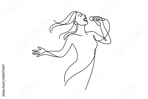 Singing woman. Minimalistic one-line drawing woman singing with open mouth and expressive posture, microphone