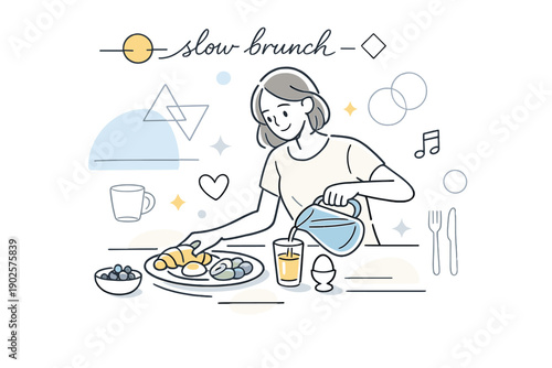 Relaxed brunch ritual. Person pouring juice and arranging plates, gentle movements, sense of care and