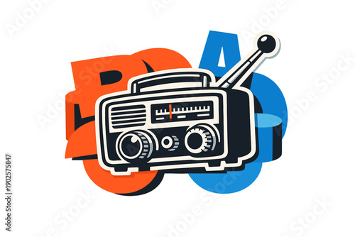Conceptual modern-retro collage showing a monochrome classic radio reimagined as a flat cartoon-like sticker,