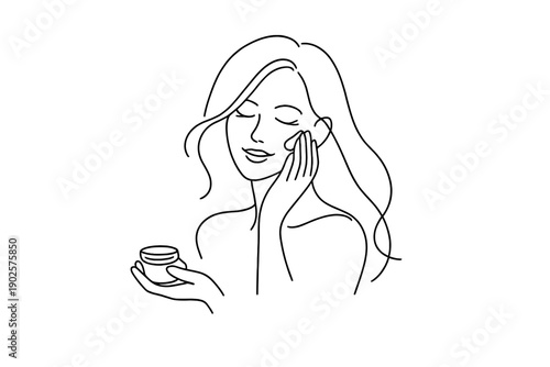 Skincare ritual. Minimalistic one-line drawing woman gently applying facial skincare cream with relaxed