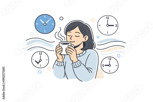 Coffee break moment. Person enjoying a short break, eyes closed, cup close to the face, feeling warmth and