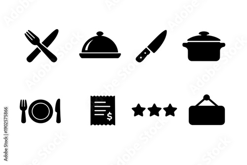 Restaurant. Filled icon set of Restaurant: fork and knife crossed, serving tray, chef knife, cooking pot,