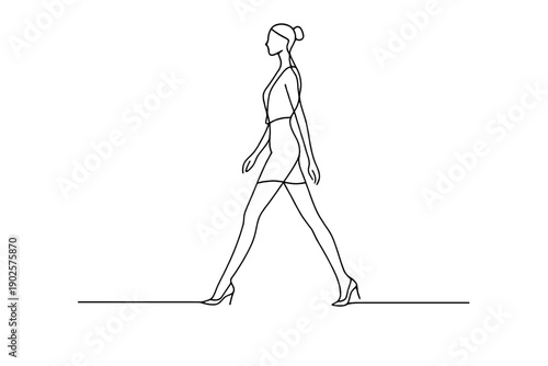 Runway walk. Minimalistic one-line drawing fashion model walking confidently on a runway with long stride and
