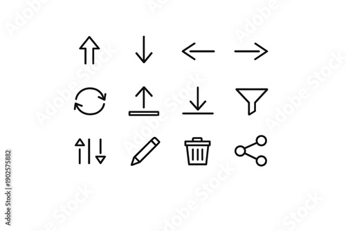 Interface basic icons. Line outline icon set of Interface basic icons: arrow up, arrow down, arrow left, arrow