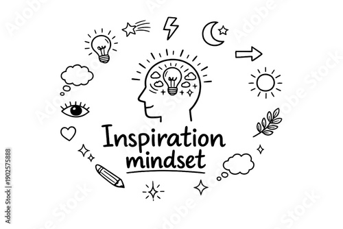 Inspiration mindset. Hand-drawn doodle illustration of Inspiration mindset. In the middle, one slightly larger