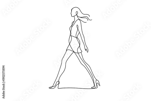 Minimalist Fashion Stride. Fashion catwalk stride. Minimalistic one-line drawing model captured mid-stride on
