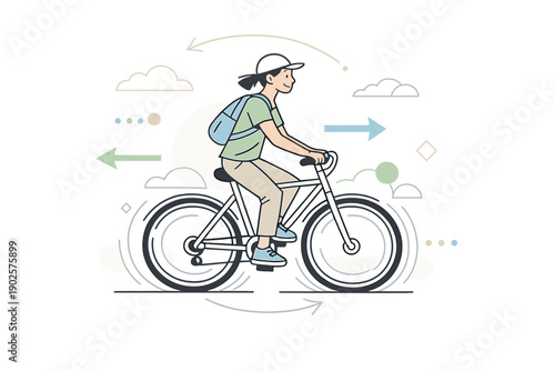 Daily movement habit. Person cycling calmly, relaxed body language, circular lines around wheels suggesting