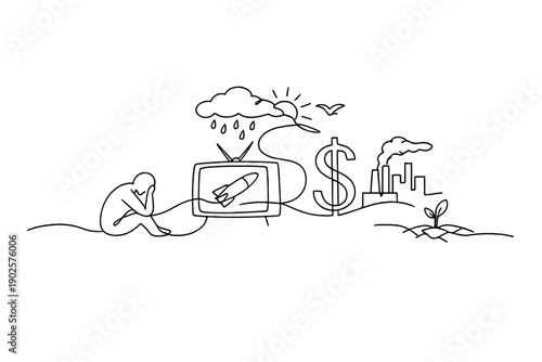 Magazine Editorial Art. Minimalistic one-line drawing of an abstract scene conveying commentary and