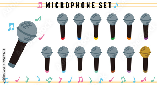 マイクのイラストセット フレームと音符付きの装飾素材
