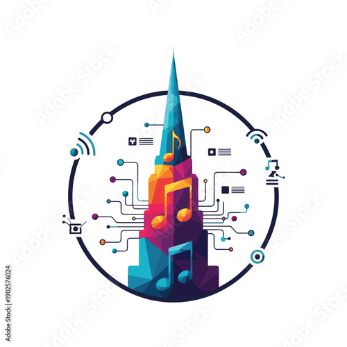 A futuristic tower is constructed from colorful, geometric musical notes and connected by a digital network, symbolizing streaming services and digital music technology.