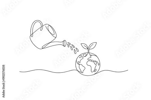 "Care for earth". Minimalistic one-line drawing watering can pouring water onto the planet with a leaf growing