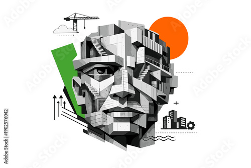 Abstract architectural head made of fragmented buildings and structural forms, misaligned geometric blocks and