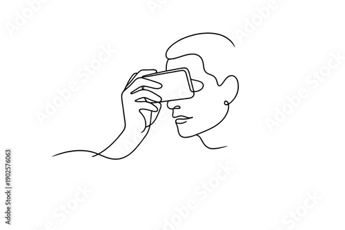 "Screen obsession". Minimalistic one-line drawing face illuminated by a smartphone held close to the eyes,