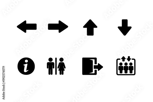 Wayfinding Icon Set. Wayfinding icons. Filled icon set of Wayfinding icons: arrow left, arrow right, arrow up,