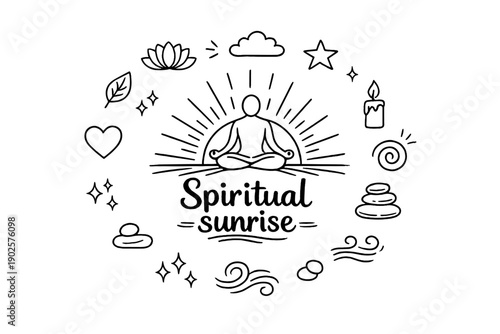 Spiritual sunrise. Hand-drawn doodle illustration of Spiritual sunrise. In the middle, one slightly larger