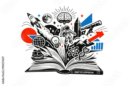 Encyclopedia Imagery Burst. Modern minimalist graphic collage depicting a classic old encyclopedia opening