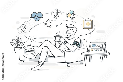 Connected care lifestyle. Person at home with wearable devices syncing to a nearby tablet, health icons gently