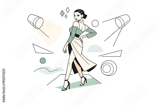 Runway mindset. Character turning sharply as if at the end of a catwalk, bold outfit emphasized by abstract