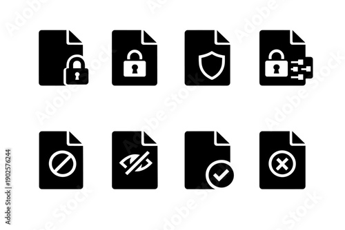 File security icons. Filled icon set of File security icons: file lock, secure document, protected file, file