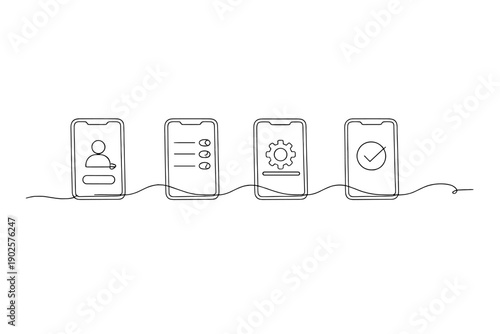 Minimal App Setup Design. App Setup Flow. Minimalistic one-line drawing of connected screens guiding a user