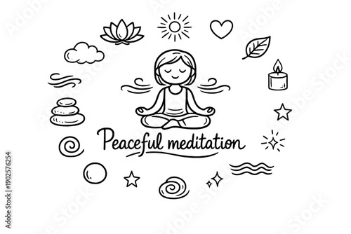Peaceful meditation. Hand-drawn doodle illustration of Peaceful meditation. In the middle, one slightly larger