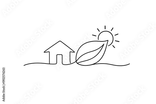 "Sustainable living". Minimalistic one-line drawing house combined with a leaf and sun symbol, all formed in