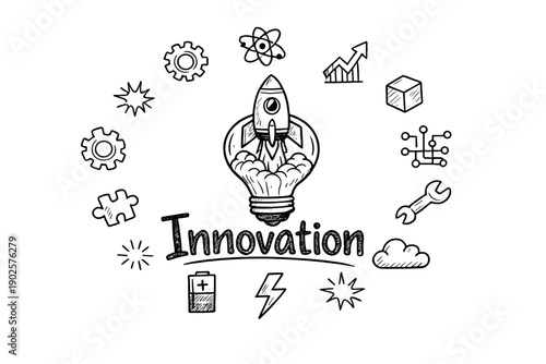 Innovation. Hand-drawn doodle illustration of Innovation. In the middle, one slightly larger central doodle