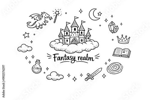 Fantasy realm. Hand-drawn doodle illustration of Fantasy realm. In the middle, one slightly larger central