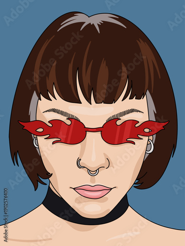 Close-up Portrait Vector Illustration of a Woman Wearing Red Fire Flames Shaped Sunglasses. Artistic Fun Fashion Concept