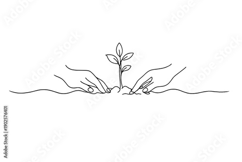 Minimalistic Green Habits. "Green everyday habits". Minimalistic one-line drawing hands planting a small tree