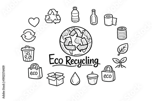 Eco Recycling. Hand-drawn doodle illustration of Eco Recycling. In the middle, one slightly larger central
