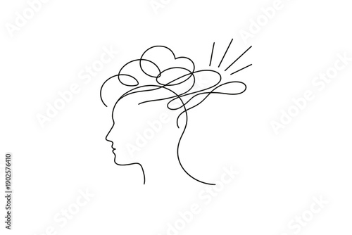 Knowledge Growth. Minimalistic one-line drawing of a human head with expanding abstract shapes representing
