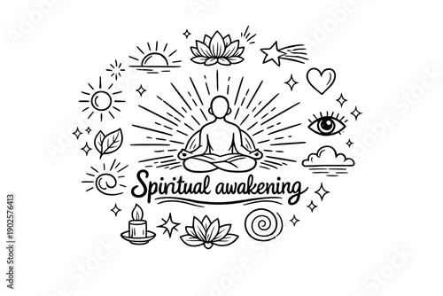 Spiritual awakening. Hand-drawn doodle illustration of Spiritual awakening. In the middle, one slightly larger